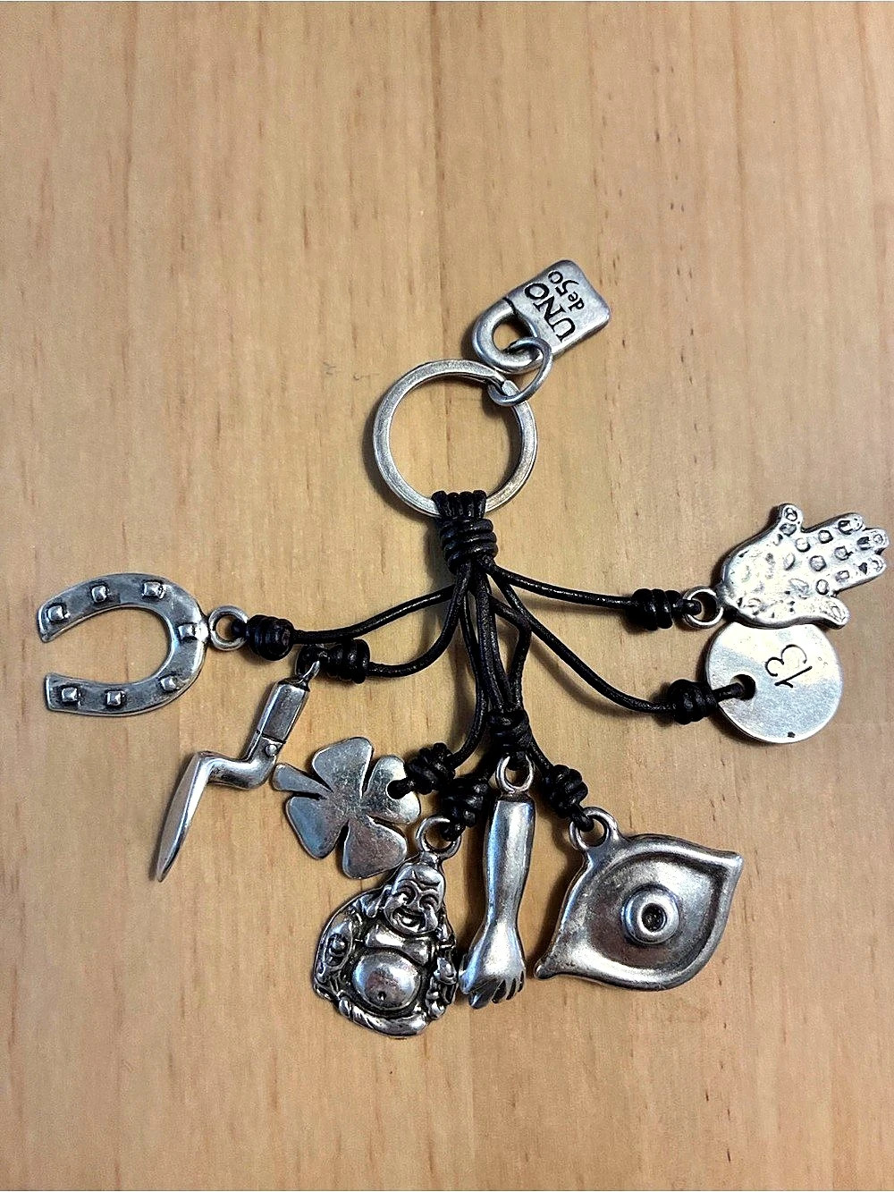 UNO de 50 Amulet Charm Keychain Silver & Brown Leather